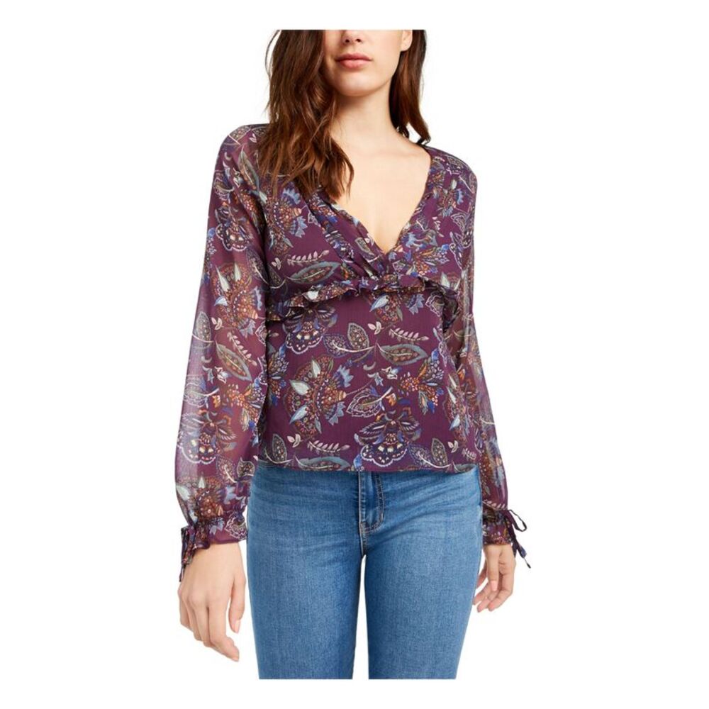Q+A Los Angeles Womens Blouse Purple Long Sleeve V Neck Floral Juniors S